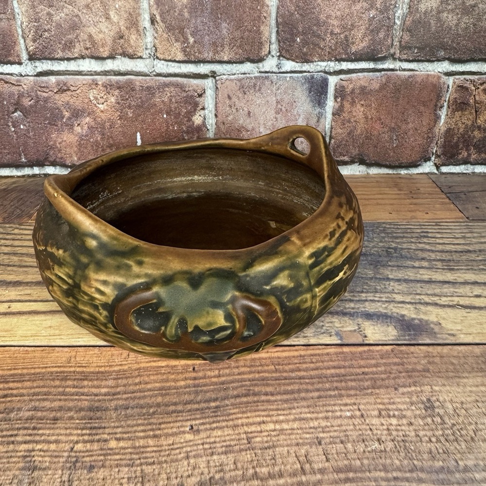 Vtg 1920s Roseville Pottery Imperial Green Textured Low Round CONSOLE BOWL Vase